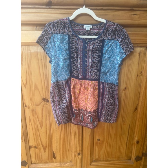 Sundance Tops - Sundance Patchwork Paisley Cotton Henley Top Blue Orange Boho Cap Sleeve